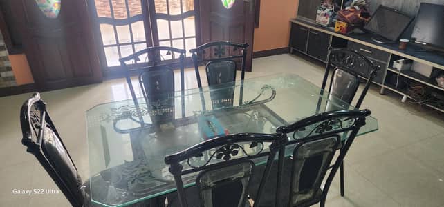 Glass Top Dining Table Set With 6 Chairs – Iron Frame