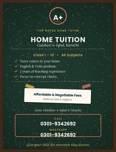 Home Tuition Gulshan-e-Iqbal | Class 1-10 All Subjects