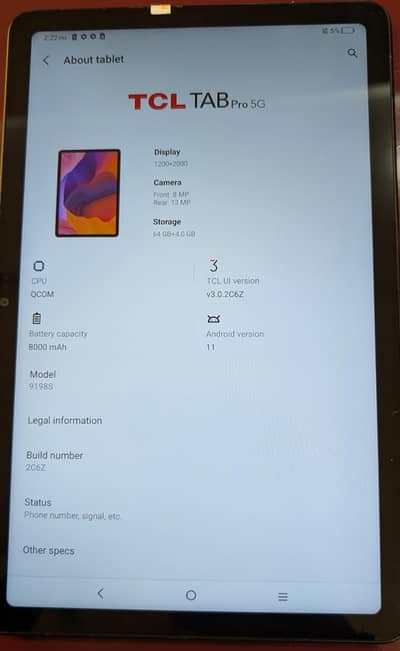 TCL PRO 5G UI VERSION/ANDROID VER 11/RAM 4GB/ROM 64GB/10 INCH DISPLAY