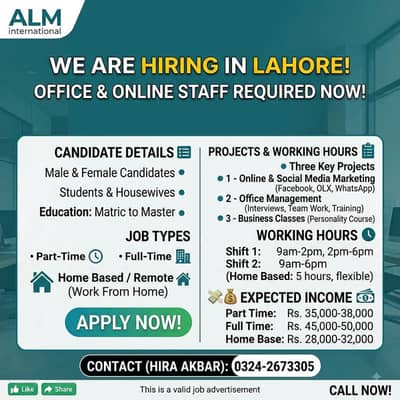Male/Female Staff Required for Office & Online Work in Lahore