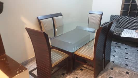 Large 6-Seater Wooden Dining Table with Glass Top & 6 Chairs