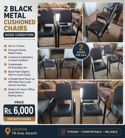 2 Black Metal Cushioned Chairs – Good Condition