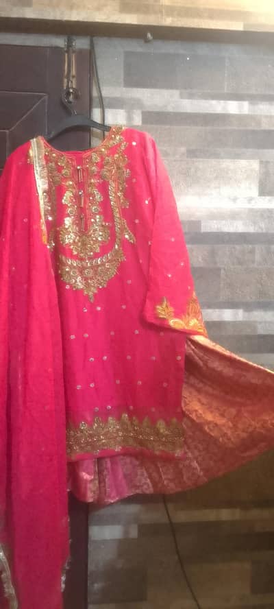 shocking pink embroidery shirt with flapper and duppatta