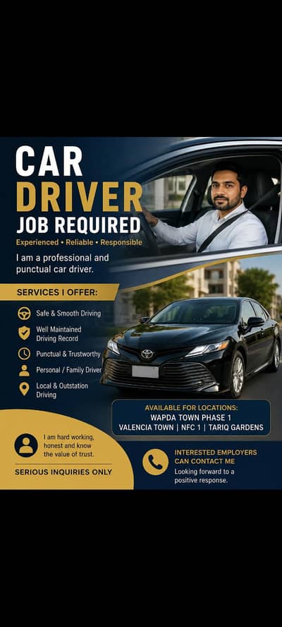 I need Driver job in lahore Wapda Town Valencia Town nfc Tariq Gardens