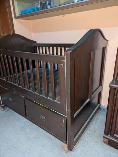 Wooden Baby Cot / Crib with Storage Drawers & Wheels – Good Condition