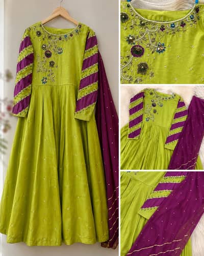 Hand-Embroidered Lime Green & Purple Anarkali Suit