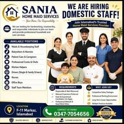 House maid  baby sitter  patient  care  nurse  driver Required