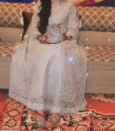 Bridal Maxi in silver colour heavy stones and naqshi dabki work