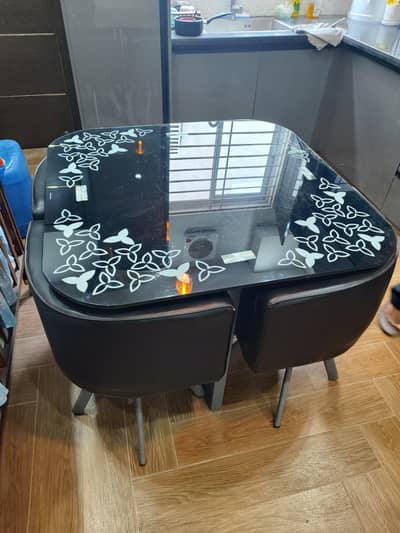 4-Seater Dining Table with Chairs – Black Glass Top