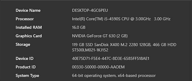 NVIDIA GEFORCE GT 630, 16 GB RAM, CORE I5 4590-S, 128GB SSD, 500GB HDD