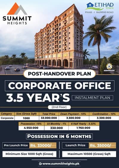 Corporate Office On 3.5 Years Installments-Possession In 6 Months
