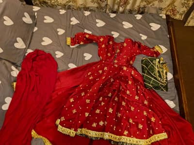 Red Rose Silk Embroided Panel Frock+Lehnga _ 4-piece