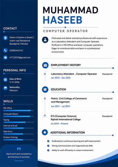 Job needed. One year experience in computer operator, data entry
