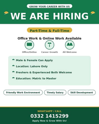 Urgent Hiring Lahore – Male & Female, Apply Today