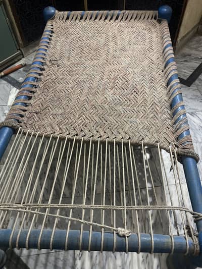 Wooden Charpai with Blue Legs & Tight Waan