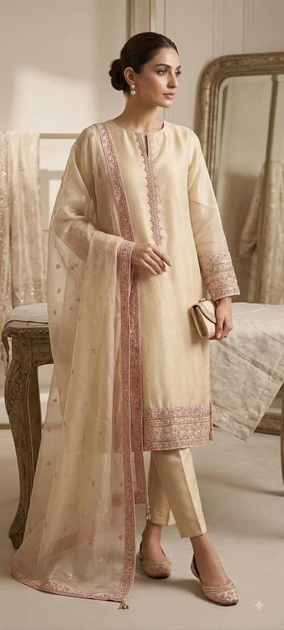 Fancy Formal Organza Dress with Pink Border & Dupatta - Medium Size