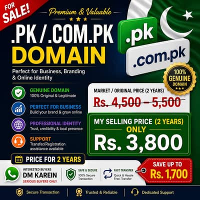 . PK / . COM. PK Domain for Sale – 2 Years – Rs 3,800