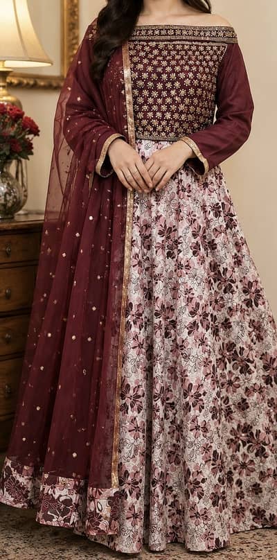 Elegant Maroon Floral Maxi Dress with Embroidered Top & Dupatta