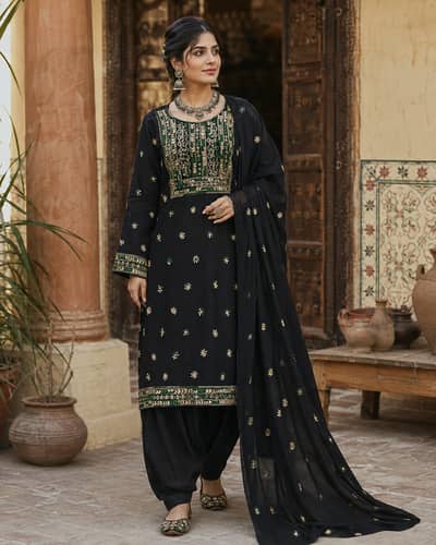 Premium Jet Black 3PC Linen Suit | Handmade Embroidery & Mirror Work
