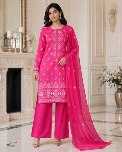 Pink 3PC Lawn Suit | Handmade Embroidery + Mirror Work | Pure Chiffon