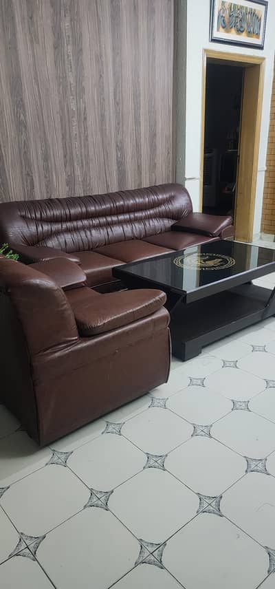 Premium Brown Leatherette Sofa Set (6 Seater) + Designer Center Table