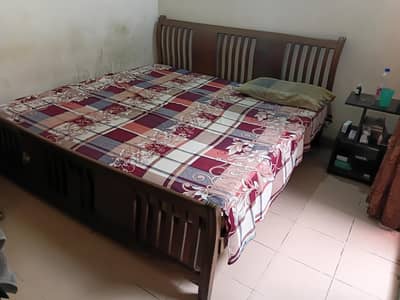 Wooden Double Bed with Mattress and Side Table
