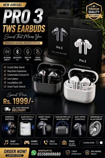 AIR BUDS PRO 3 WITH 1 YEAR GUARANTEE