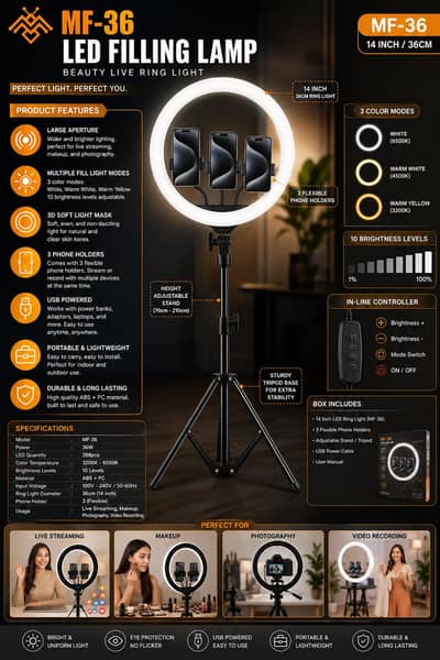 MF-36 14 Inch LED Ring Light with Tripod & 3 Phone Holders