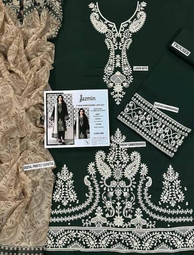 Women Green Lawn 3 Piece Embroidered Unstitched Suit