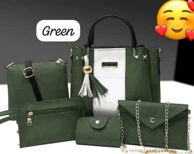 Green 5-piece Lather Handbag Set For Women
