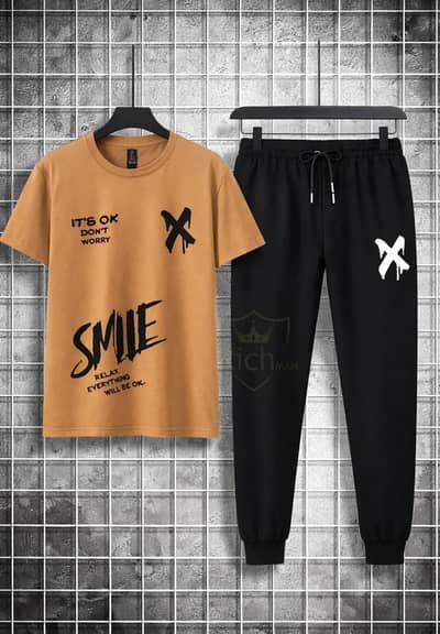 Men Printed Graphic Cotton Tracksuit Brown XL Summer