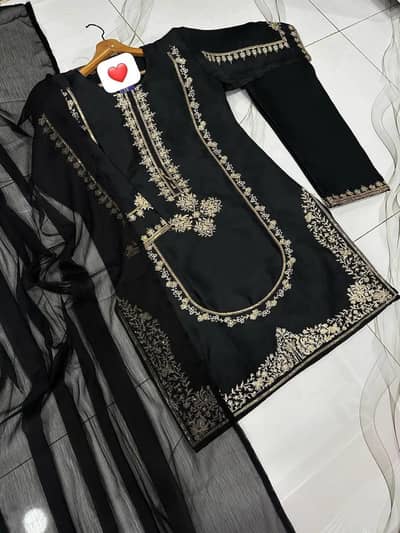 Black shamoz silk 3 piece suit with sequin embroidery