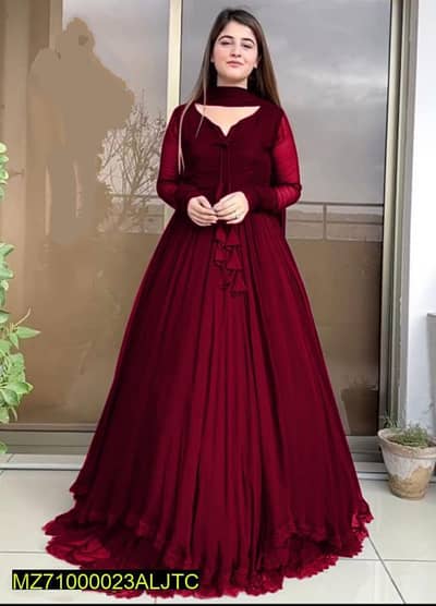 Women Maroon Chiffon Maxi Suit 3 Pcs Round Neck