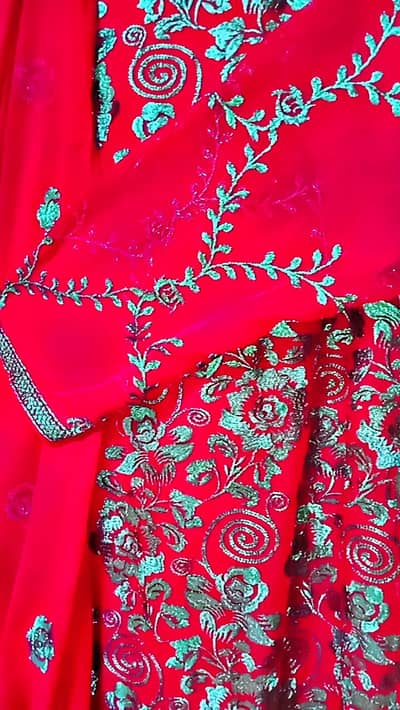 Stitched 3-Piece Red Chiffon Fancy Dress