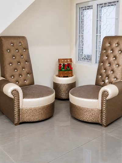 Luxury High-Back Accent Chairs Set with Matching Ottoman — Like New!