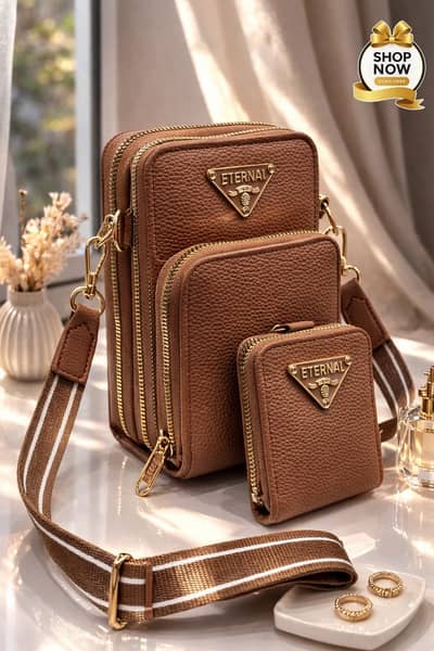 Brown Leather Sling Bag with Wallet & Card Holder Set – 3 in 1