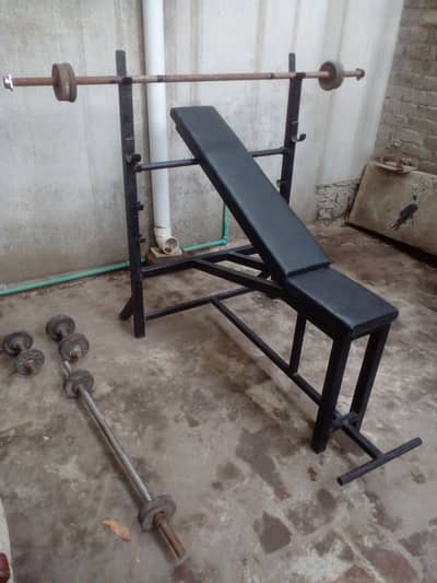 Home Gym Bench Press Setup with Rods and Weights Barbells & Dumbbells