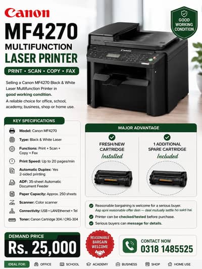 Canon MF4270 Laser Printer | Print Scan Copy Fax | New + Spare Cartri