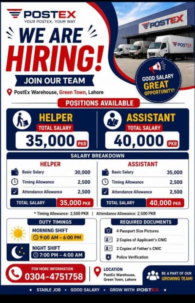 We Are Hiring – Helper & Assistant | Postex Jobs | Jobs in Lahore