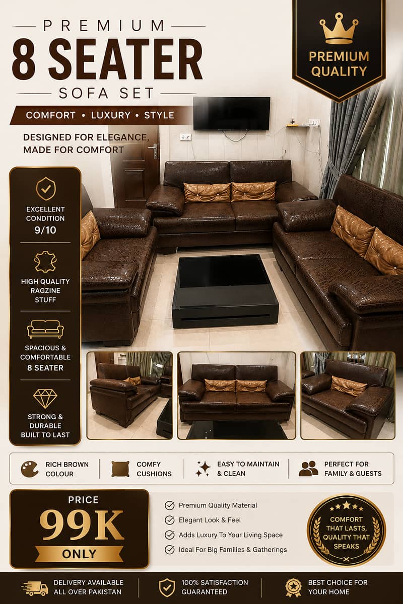 Premium 8 Seater Brown Sofa Set – Ragzine | Excellent Condition 9/10 0