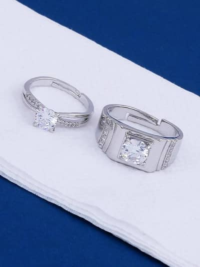 Silver Plated crystal couple Rings Set of 2 adjustable