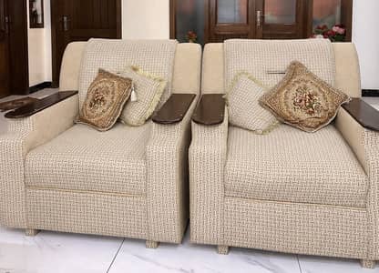 “Beige 3-Seater Sofa Set with Wooden Finish | Excellent Condition”
