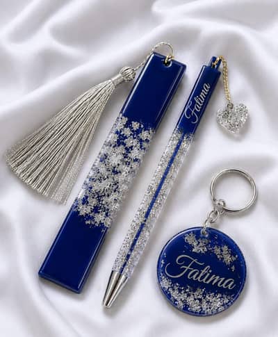 Handmade Resin Gift Set - Custom Name Pen + Bookmark + Keychain