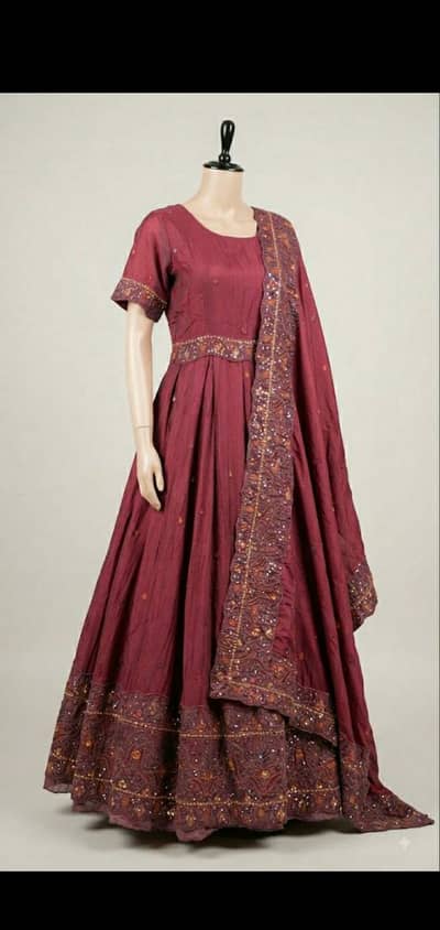 Royal maroon bridal full embroidered maxi with dupatta