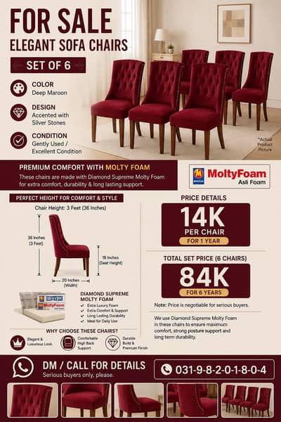 Elegant Maroon Sofa Chairs Set – Molty Foam | Set of 6