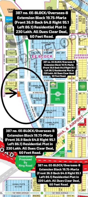 387 no. EE-Block & Overseas-B Extension Block 19.75-Marla Front 36.9 Back 64.8 Right 95.1 Left 86.1 Residential Plot in 230 Lakh. All Dues Clear Deal, 60 Feet Road. Best Location For Constructing Your Dream House in Bahria Town Lahore