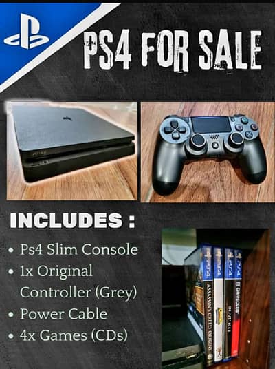 PS4 Slim with one original controller, charging dock and 4 game CDs