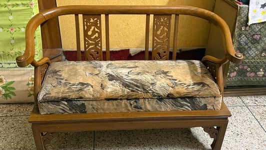 Carved Wooden Bench with Cushion in Good Condition 2 seater