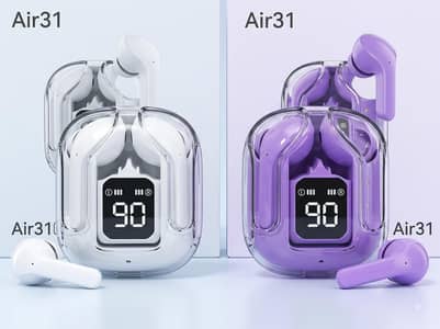 Air31 Transparent Earbuds (White & Purple) – LED Display & Heavy Bass