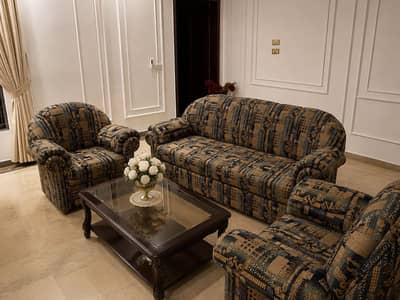 Elegant 5-Seater Sofa Set (3+1+1) – Classic Navy, Gold & Beige